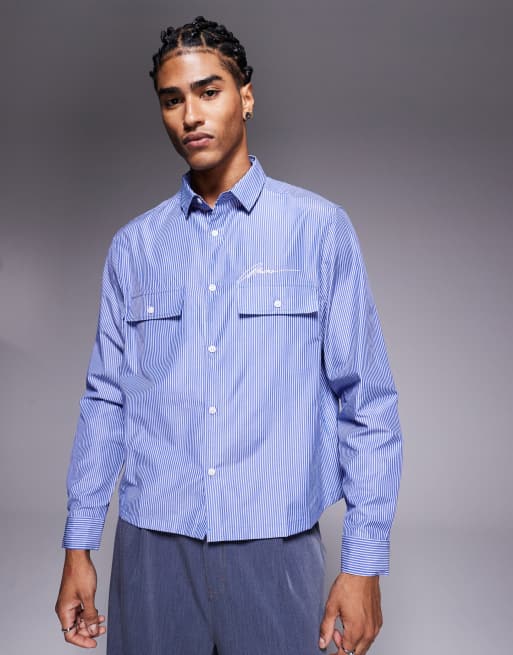 ASOS DESIGN – Niebieska pudełkowa koszula w paski z haftowaną wstawką na piersi