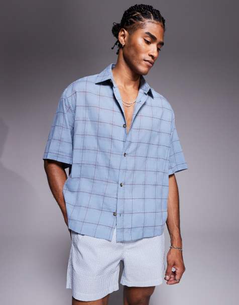 ASOS DESIGN boxy revere shirt with check in blue