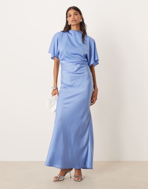 ASOS DESIGN – Niebieska satynowa sukienka maxi z zabudowanym dekoltem i rozkloszowanymi rękawami - view 1