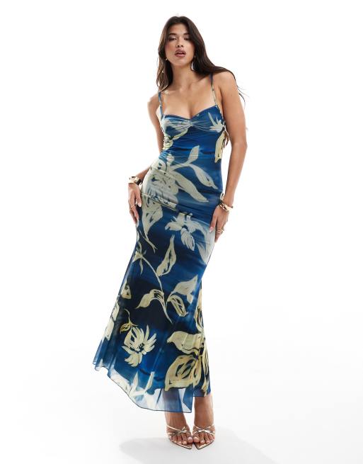 ASOS DESIGN – Niebieska siateczkowa sukienka maxi oversize o fasonie syrenki w żółty kwiatowy wzór