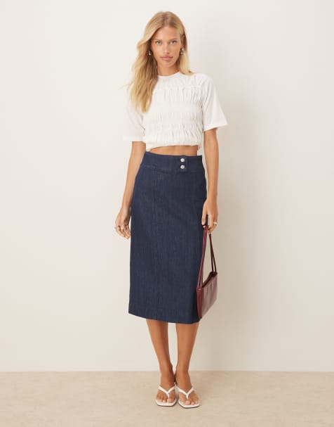 ASOS DESIGN denim wrap over pleated midi skirt in rinse