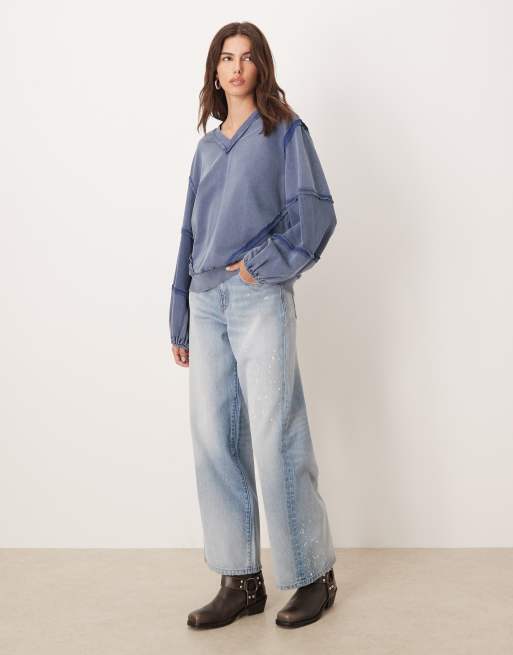 ASOS DESIGN – Niebieska sprana bluza z dekoltem w szpic i wstawkami o waflowej strukturze, 2 z 4