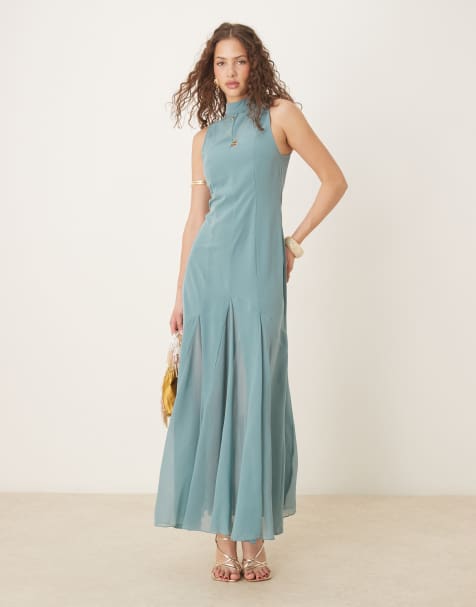 ASOS DESIGN – Niebieska sprana sukienka maxi z golfem i szyfonowymi godetami - view 1