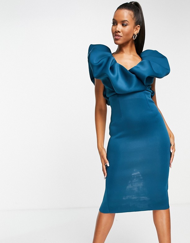  Zakupy ASOS DESIGN – Niebieska sukienka bodycon midi z bufiastym kołnierzem, długimi rękawami i odkrytymi plecami Niebieski
