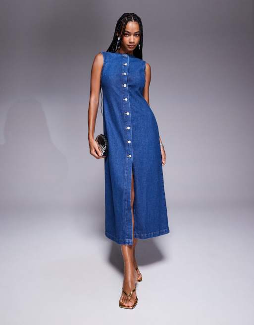 ASOS DESIGN – Niebieska sukienka jeansowa maxi z okrągłym dekoltem i zapięciem na guziki z przodu