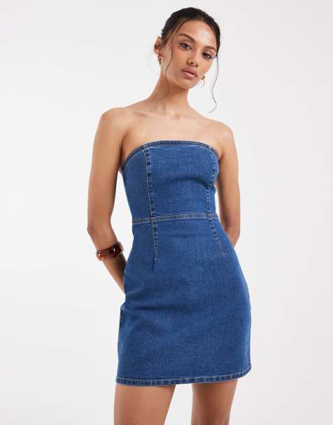 ASOS DESIGN – Niebieska sukienka jeansowa mini z dekoltem bandeau - view 1