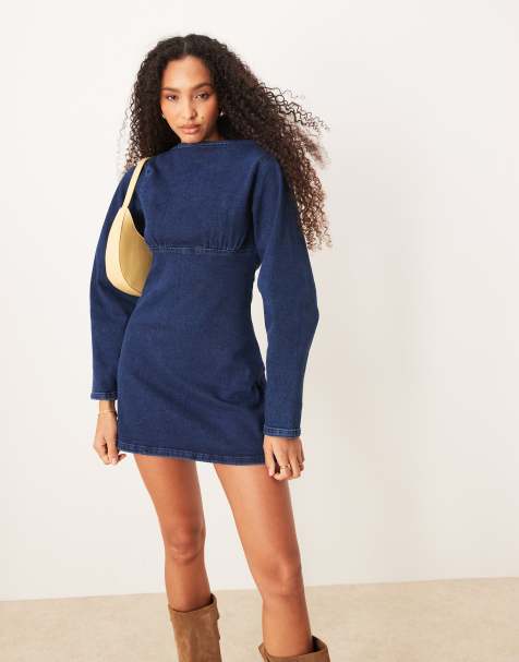 ASOS DESIGN cocoon sleeve denim mini dress in mid blue