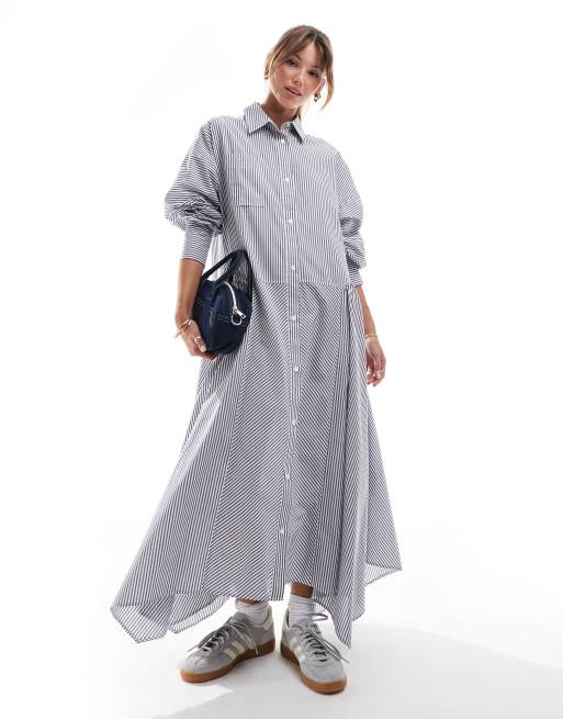 ASOS DESIGN – Niebieska sukienka koszulowa maxi z szeroką spódnicą i mankietami we wzór w paski
