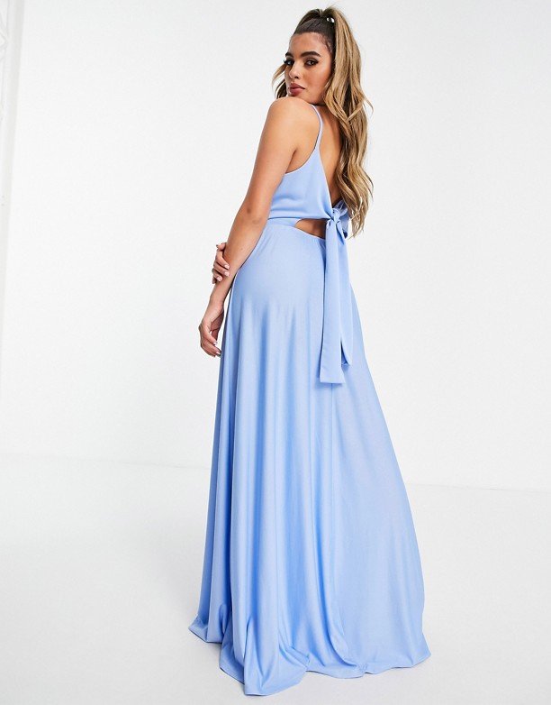  Niedrogie ASOS DESIGN – Niebieska sukienka maxi na ramiączkach z głębokim dekoltem i wiązaniem na plecach Wielokolorowy