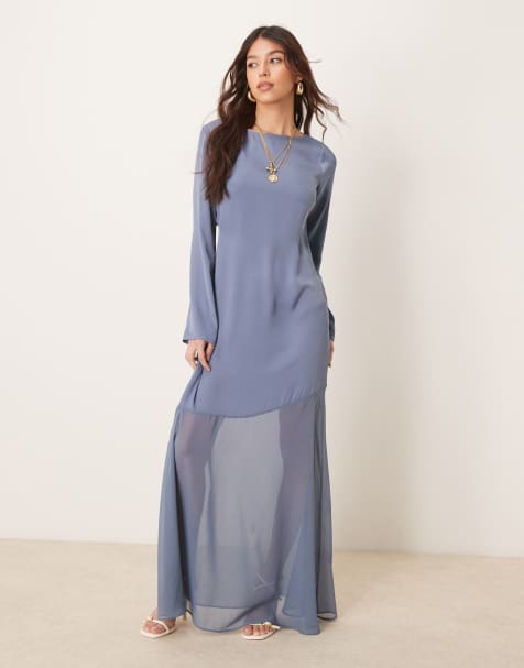 ASOS DESIGN long sleeve satin chiffon maxi dress in blue