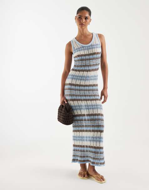 ASOS DESIGN – Niebieska sukienka maxi z dzianiny o drabinkowym splocie w paski - view 1