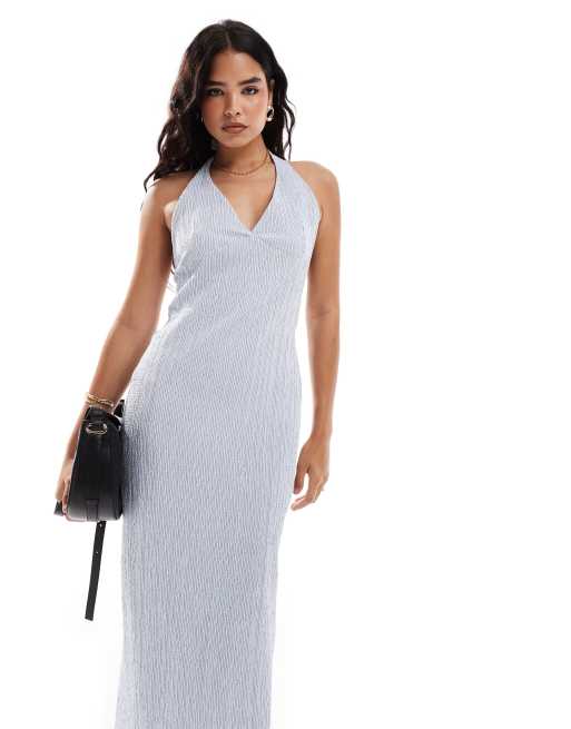 ASOS DESIGN – Niebieska sukienka maxi z odkrytymi plecami i dekoltem halter w paski