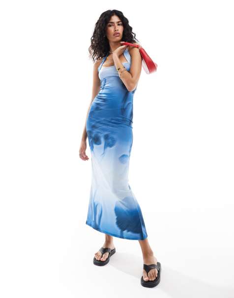 ASOS DESIGN – Niebieska sukienka midi typu bodycon z dekoltem halter ze wzorem - view 1
