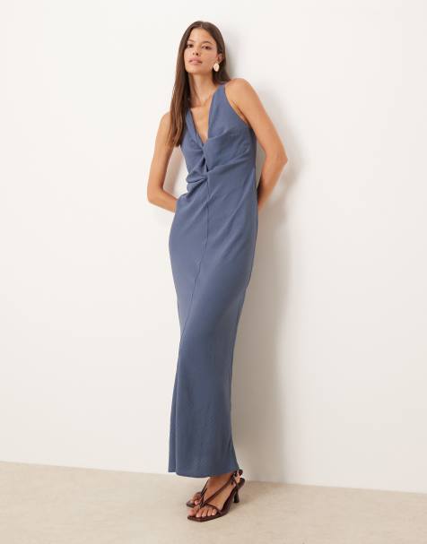 ASOS DESIGN draped knot front midi dress in denim blue