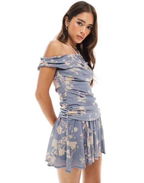 ASOS DESIGN fallen shoulder flippy mini dress in blue print