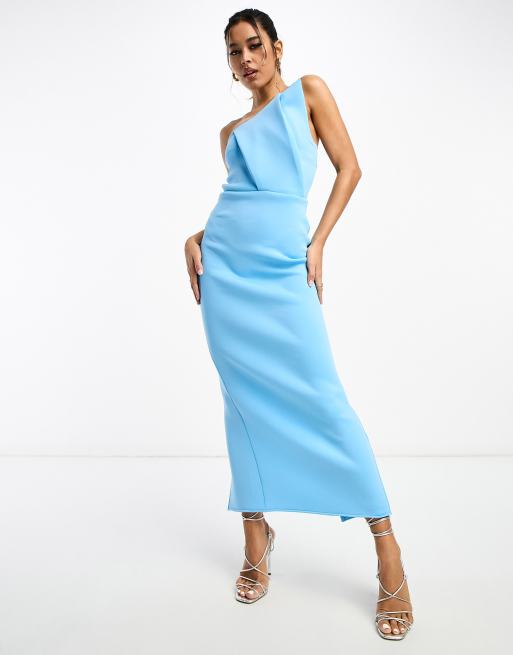 ASOS DESIGN – Niebieska sukienka ołówkowa midi z dekoltem bandeau i asymetrycznym dekoltem z zakładkami