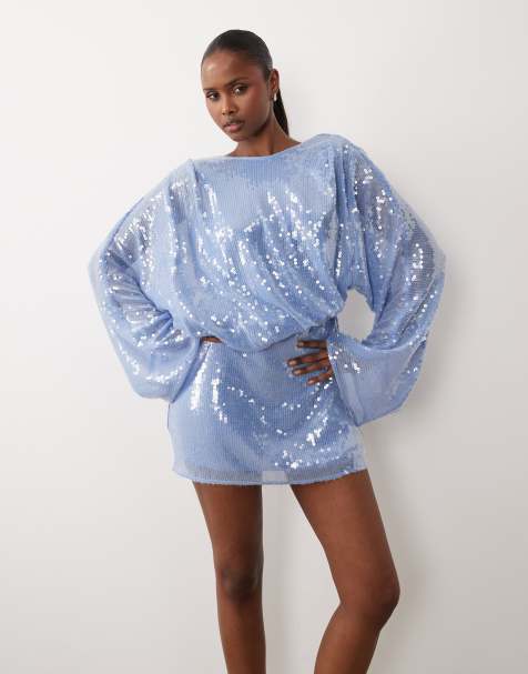 ASOS DESIGN – Niebieska, szklista sukienka mini z cekinami, nietoperzowymi rękawami i drapowaną górą - view 1