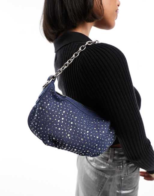 ASOS DESIGN – Niebieska torebka jeansowa na ramię z łańcuszkiem i zdobieniem ze strasów