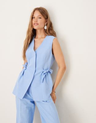 ASOS DESIGN – Niebieska wiązana po bokach kamizelka z domieszką lnu, część zestawu