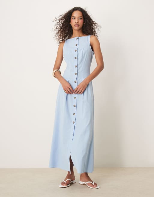 ASOS DESIGN – Niebieska zapinana na guziki sukienka maxi z górą o fasonie kamizelki z prostym dekoltem