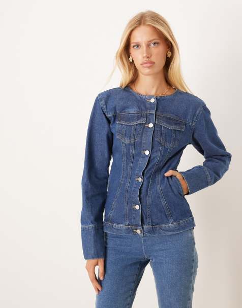 ASOS DESIGN longline collarless denim jacket with cinched waist in mid blue