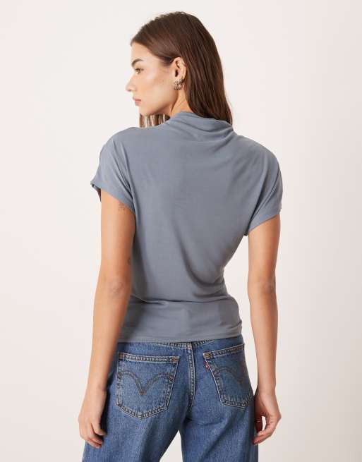ASOS DESIGN – Niebieski drapowany T-shirt z modalu z zabudowanym dekoltem, 2 z 4