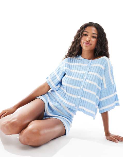 ASOS DESIGN striped knitted short sleeve cardigan co-ord in blue