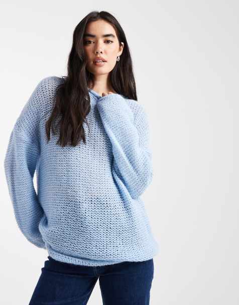 ASOS DESIGN – Niebieski dzianinowy sweter o luźnym kroju z prostym dekoltem i wywiniętym brzegiem - view 1