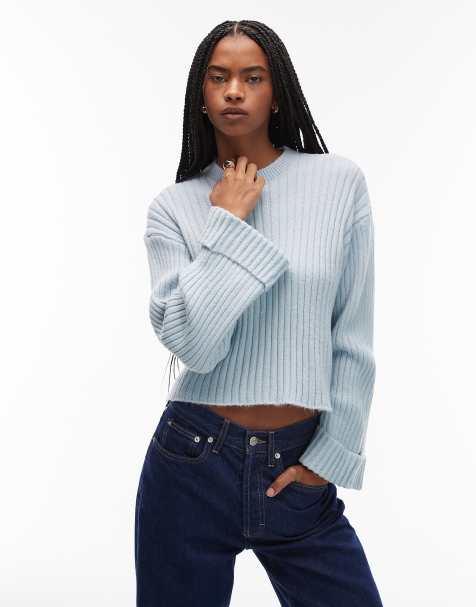 ASOS DESIGN – Niebieski dzianinowy sweter z podwijanymi mankietami - view 1