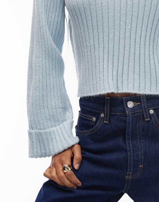 ASOS DESIGN – Niebieski dzianinowy sweter z podwijanymi mankietami, 3 z 4