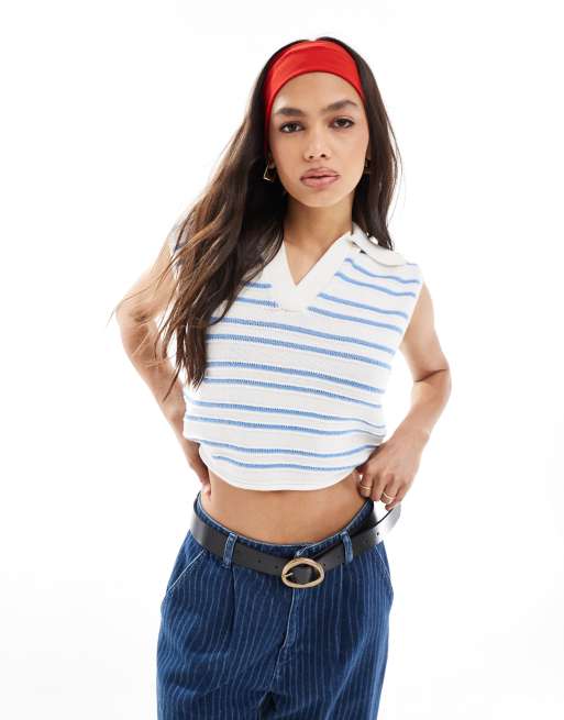 ASOS DESIGN – Niebieski dzianinowy top bez rękawów z kołnierzem i kontrastowym wykończeniem