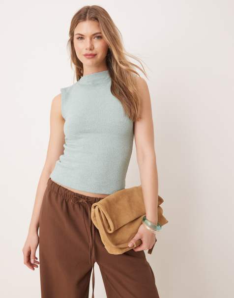 ASOS DESIGN boat neck button detail tank in textured blue