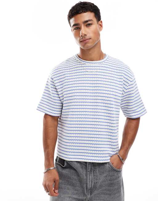 ASOS DESIGN – Niebieski gruby T-shirt o krótkim luźnym kroju w paski z fakturą