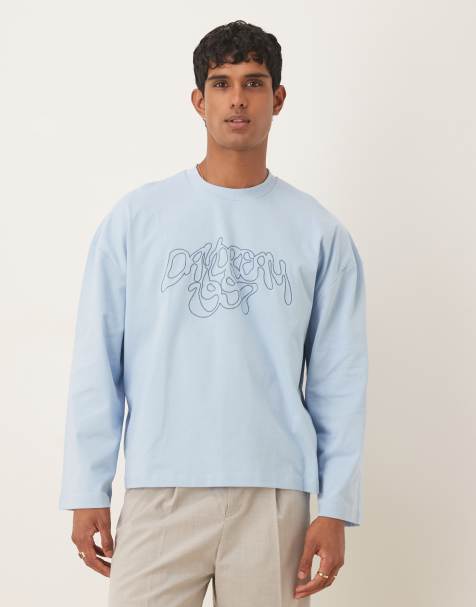  ASOS DESIGN heavyweight  boxy oversized long sleeve t-shirt with dropped shoulder and embroidered text in blue 
