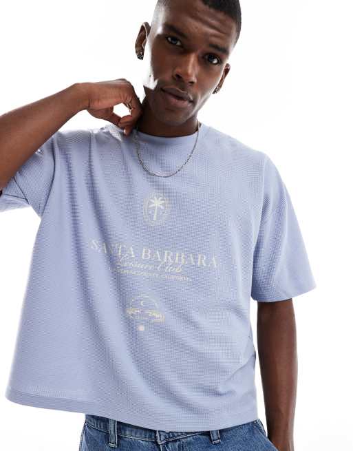 ASOS DESIGN – Niebieski gruby T-shirt pudełkowy oversize o waflowej strukturze z obniżoną linią ramion i nadrukiem o gramaturze 330g/m²