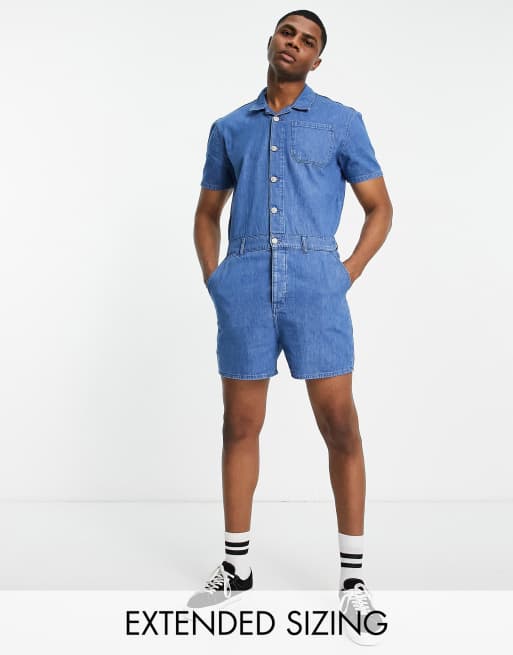 ASOS DESIGN – Niebieski jeansowy kombinezon z szortami 