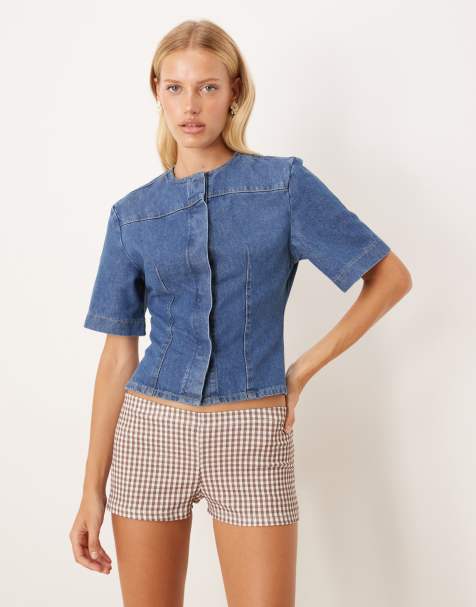 ASOS DESIGN denim collarless short sleeve top in mid blue