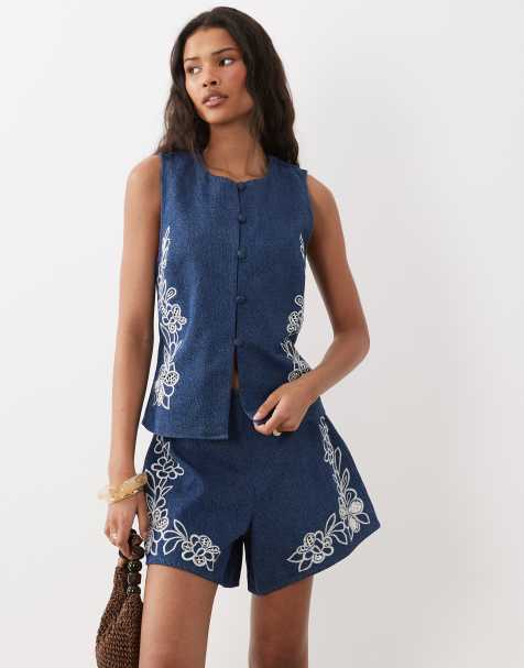ASOS DESIGN – Niebieski jeansowy top bez rękawów z ażurowym wzorem - view 1