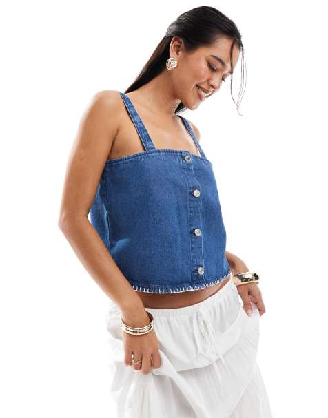 ASOS DESIGN denim cami top with blanket stitch hem in mid blue
