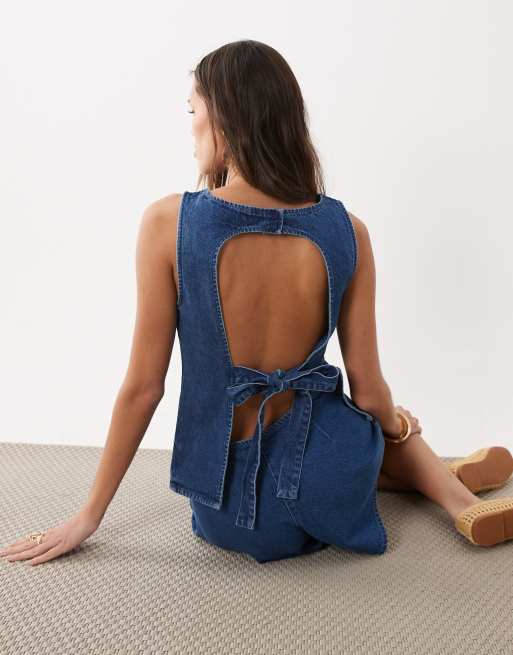 ASOS DESIGN – Niebieski jeansowy zestaw: trapezowe szorty i top wiązany z tyłu, 2 z 3