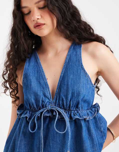 ASOS DESIGN – Niebieski jeansowy top z głębokim dekoltem - view 1