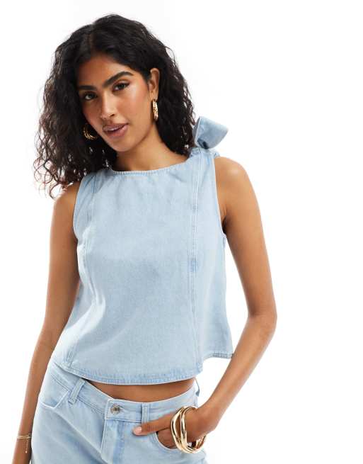 ASOS DESIGN – Niebieski jeansowy top z kokardą na ramieniu