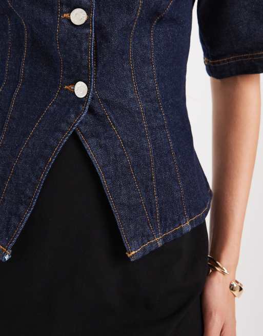 ASOS DESIGN – Niebieski jeansowy top zebrany w talii bez kołnierzyka, 3 z 4