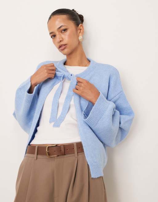 ASOS DESIGN – Niebieski kardigan bez zapięcia z wiązaniem na kokardkę przy szyi