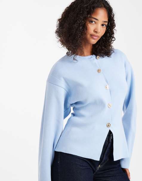ASOS DESIGN knitted structured crew neck cardigan with gold buttons in blue