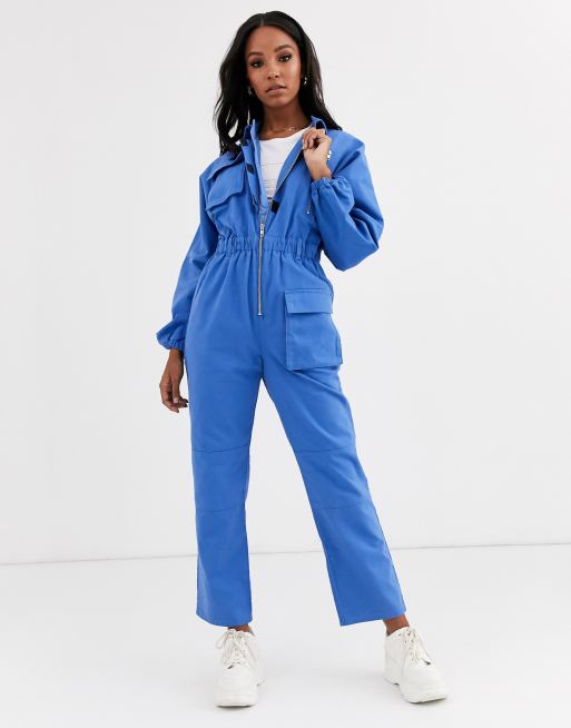 ASOS DESIGN – Niebieski kombinezon z denimu na suwak i z długim rękawem