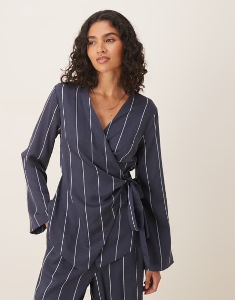 ASOS DESIGN wrap front top co-ord in blue stripe