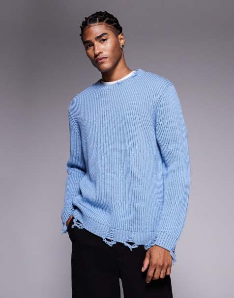 ASOS DESIGN relaxed knitted crew neck jumper with raw edge in blue