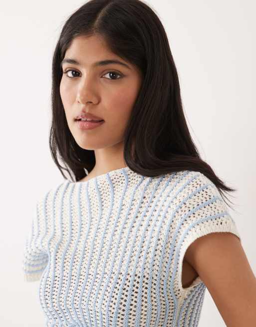 ASOS DESIGN – Niebieski plisowany top z szydełkowanej dzianiny w paski, 3 z 4