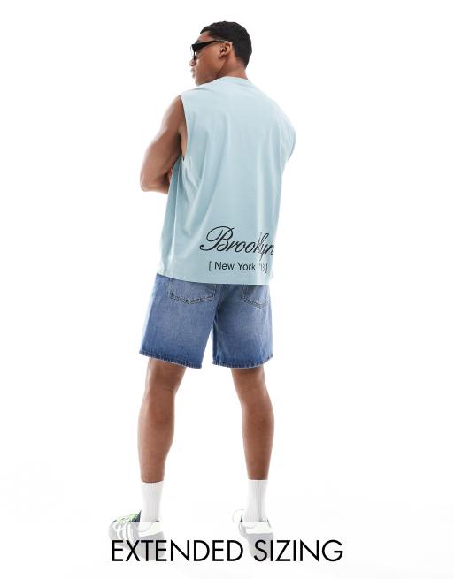 ASOS DESIGN – Niebieski podkoszulek oversize z napisem „Brooklyn” na plecach